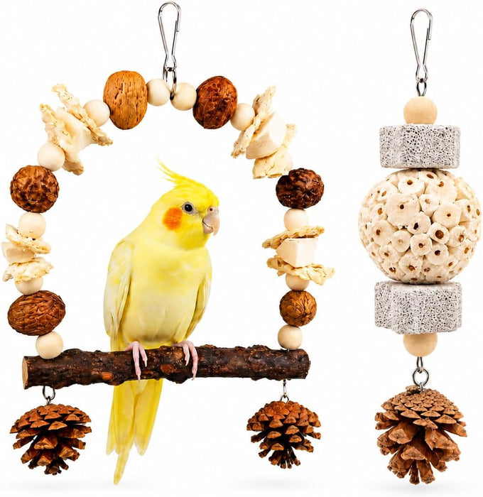 2 Pack Natural Bird Toys Set Arch Wood Swing Sola Ball, Cage Accessories for Cockatiel Conure Parakeets
