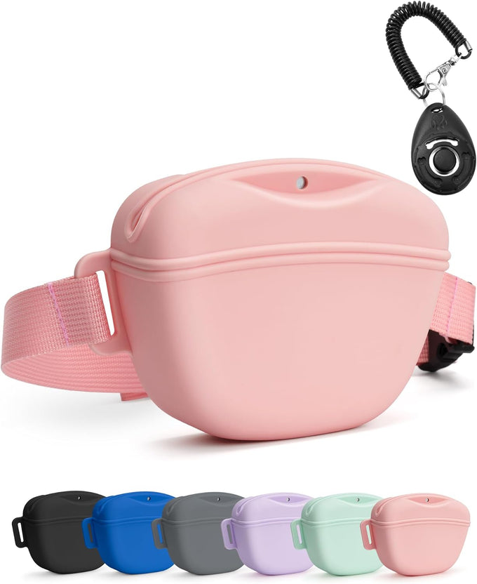heouvo dog treat pouch with training clicker, 1.67 cup silicone, compact fanny pack with waist belt for pet training and walking, black