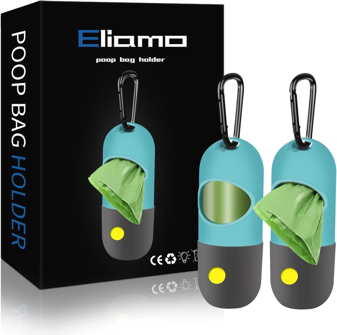 Eliamo 2-Pack Dog Poop Bag Dispenser with LED Flashlight and Carabiner Clip, Blue, Leash Holder for Night Walking