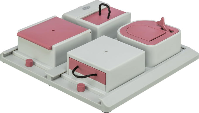 Trixie cat activity poker box strategy game with 4 modules for mental stimulation and slow feeding pink gray 12.2 x 12.2 x 2.5 in