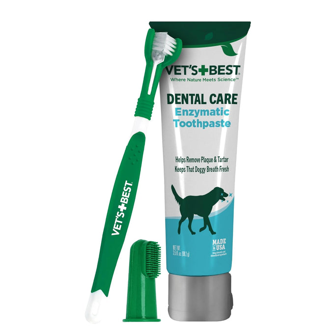 Vet's Best dog toothpaste and toothbrush kit with triple head toothbrush, natural flavors, and aloe for healthy gums and fresh breath
