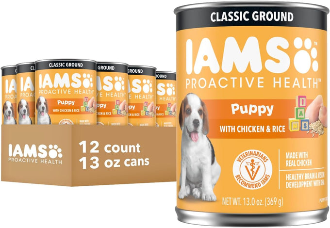iams proactive health puppy wet dog food, 13 oz cans, pack of 12, chicken and rice recipe