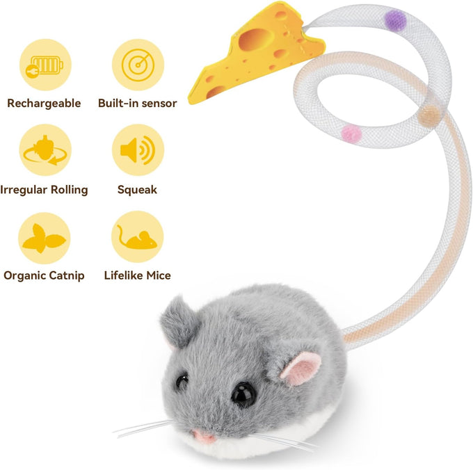 Migipaws Interactive MigiMouse Cat Toy, 360° Rolling & Spin, Grey, Rechargeable Plush Kitten Toy with Smart Motion Sensor and Realistic Squeak
