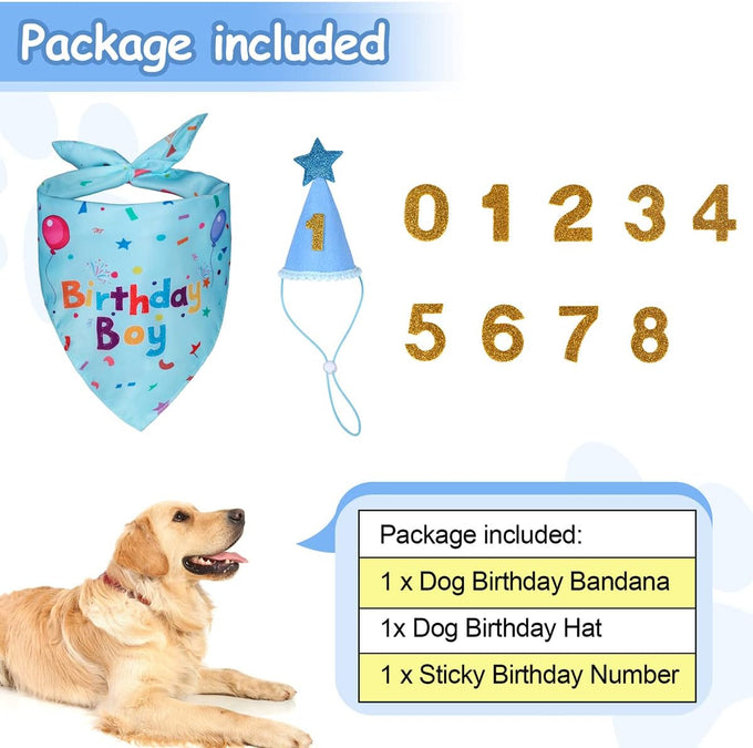 Dog Birthday Bandana Set for Large Medium Small Dogs Pet - Blue, Adjustable Hat with Numbers 0-8