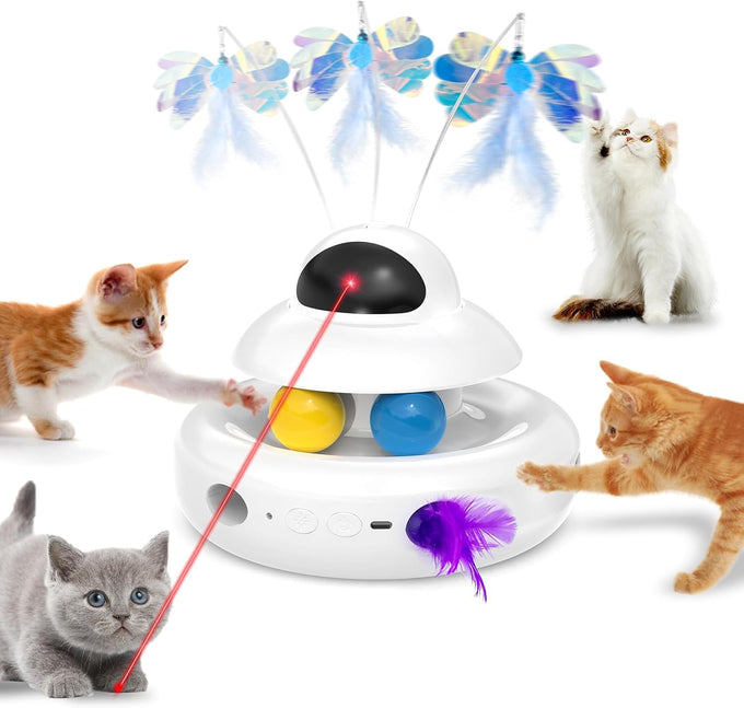 Mohaya 4-in-1 Interactive Cat Toy with Laser, Feather, and Track Balls - USB Rechargeable White