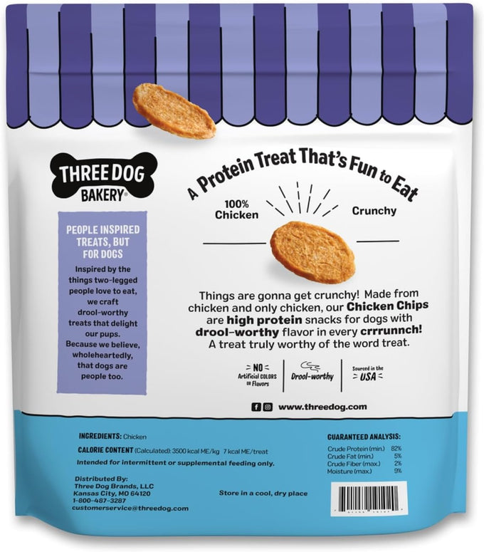 Three Dog Bakery Bark'n Crunch! Chicken Chips 15 oz Grain Free Treats for Dogs High Protein Snacks