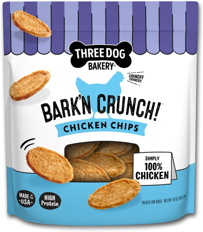 Three Dog Bakery Bark'n Crunch! Chicken Chips 15 oz Grain Free Treats for Dogs High Protein Snacks