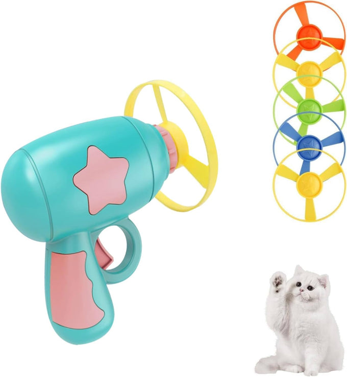 Andiker Cat Fetch Toy, blue, interactive kitten flying disc launcher with 5 colorful propellers for training and chasing