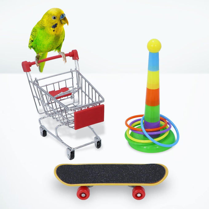Wontee bird toys mini shopping cart skateboard ring toy set for parrot training and play (3-pack, assorted)