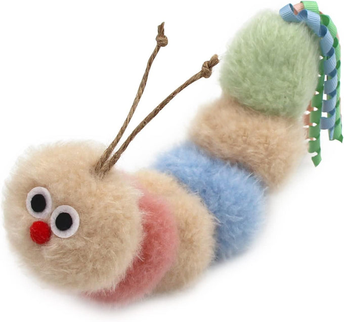 Soft caterpillar kicker for indoor cats, with rattle, ribbon, and catnip, bite resistant, for all ages.