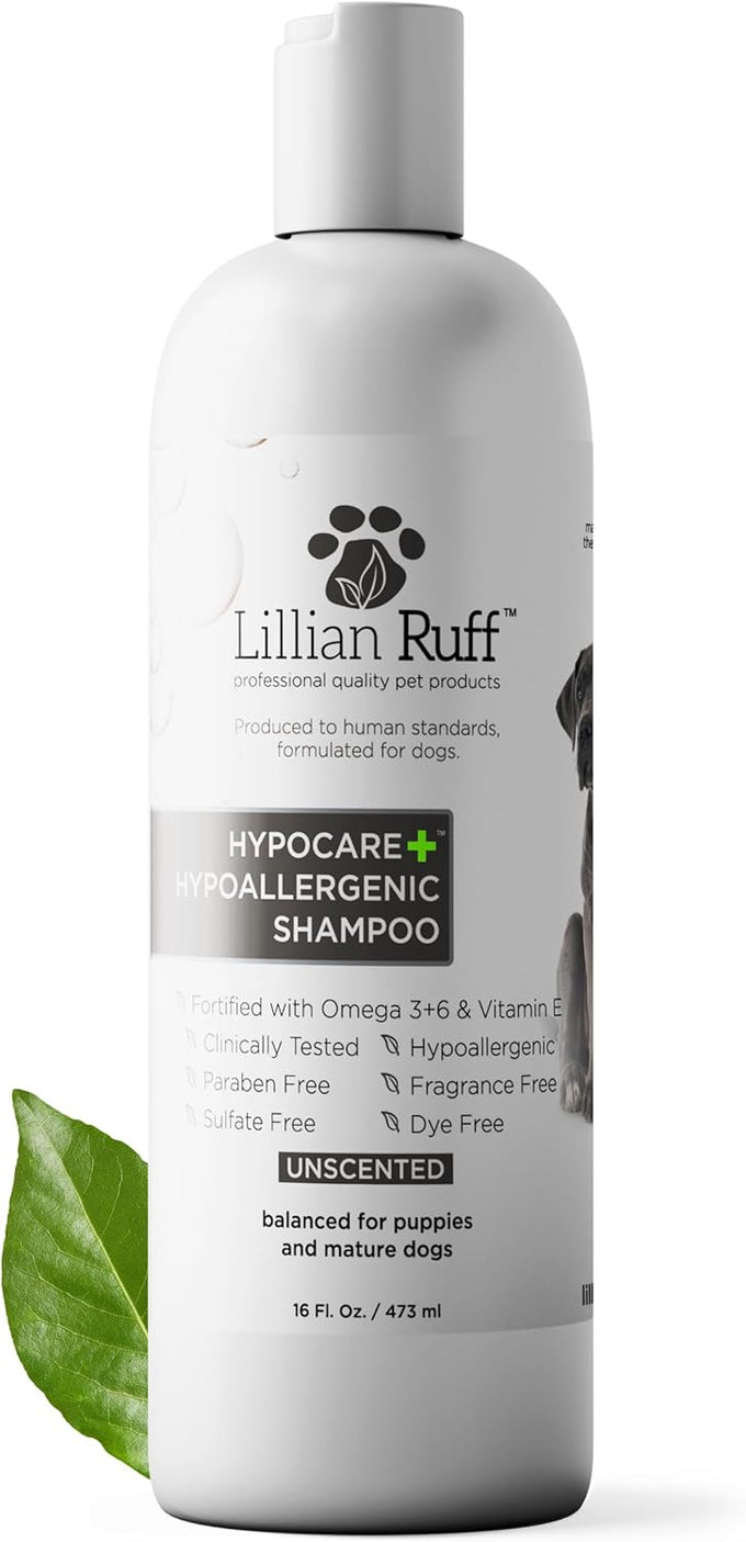 Lillian Ruff Pro oatmeal dog shampoo for dry skin, itching & allergies, 16oz with brush, made in USA, non-toxic, natural ingredients