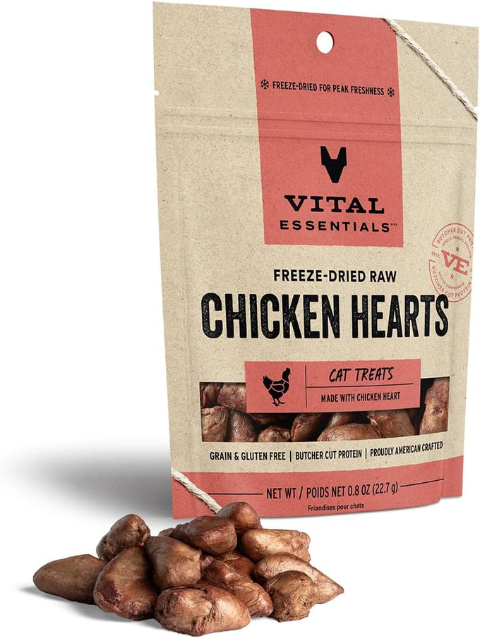 Vital Essentials single-ingredient freeze-dried raw chicken hearts cat treats, premium quality, grain free, 0.8 oz bag