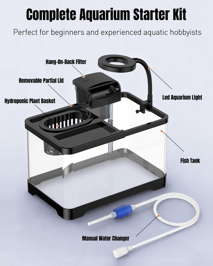 Pawfly 2-gallon betta fish tank kit, small aquarium starter kit with 6w led light, 65gph filter and siphon vacuum water changer