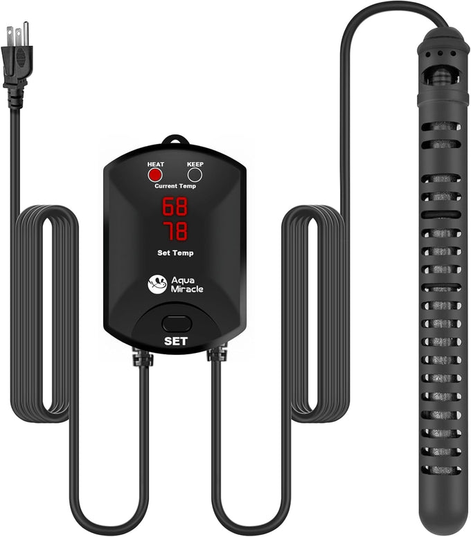 AquaMiracle 500W aquarium heater for 75-120 gallon tanks with dry-run protection and memory function