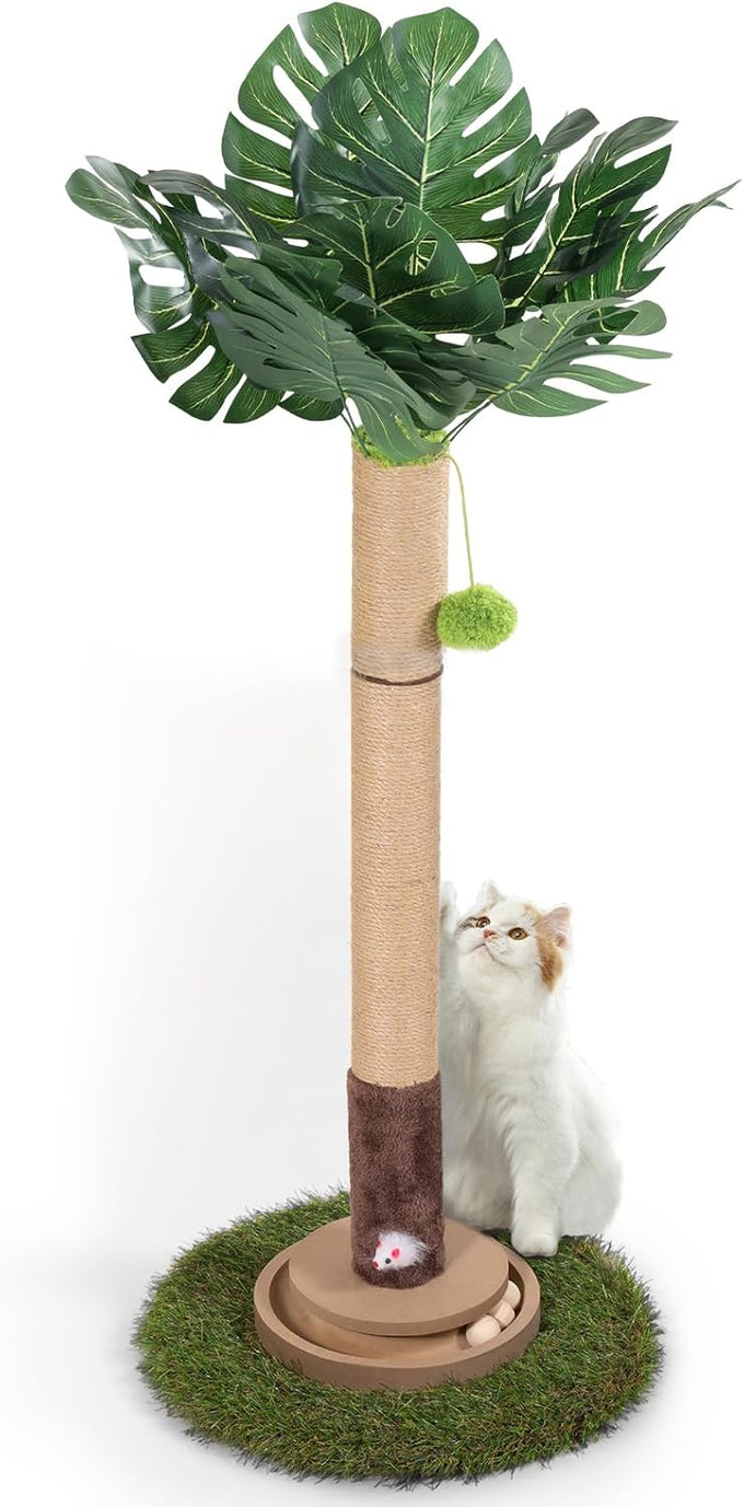Monstera 41in Cat Scratching Post with Sisal Rope Tower and Hanging Mouse Toy for Indoor Adult Cats
