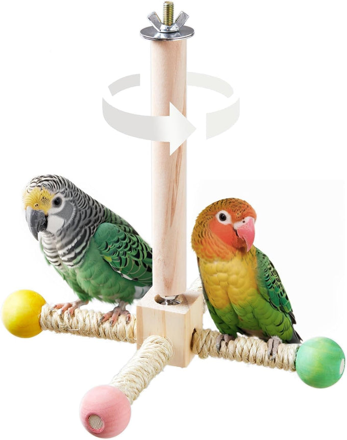 Bird Stand Perch Toy, Wooden Exercise Wheel for Parakeet, Cockatiel, and Budgie Birds, Natural Wood and Hemp Ropes