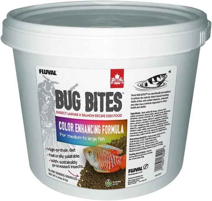 Fluval Bug Bites slow sinking granules for medium to large tropical fish, 4.4 oz, salmon and black soldier fly larvae