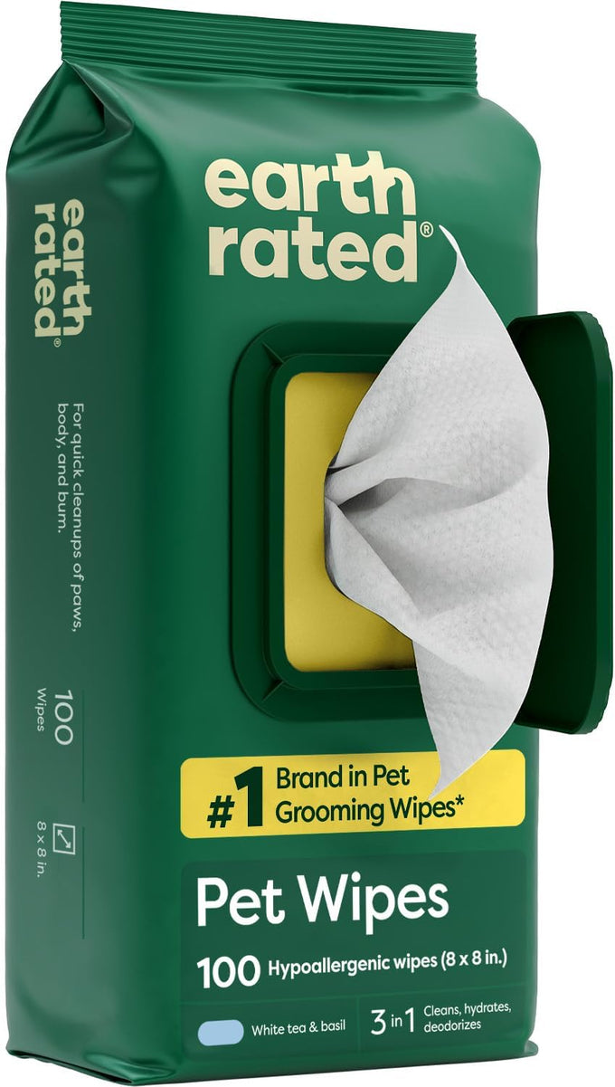 Earth Rated pet wipes for dogs and cats, 3-in-1 cleaning, hypoallergenic, 100 count, white tea and basil scent