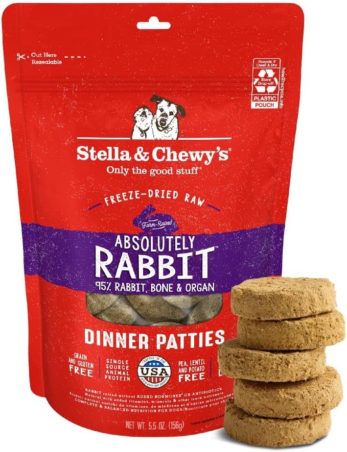 Stella & Chewy's freeze-dried raw rabbit dinner patties high protein grain-free puppy dog food for picky eaters 5.5 oz
