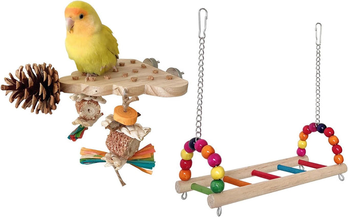 Parrot wooden toys with natural corn sticks and pine cones, fun bird cage accessories for parakeets and similar birds