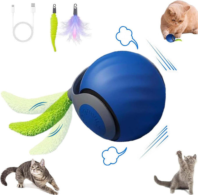 2packs speedy 2.0 tail cat toys for bored indoor adult cats with automatic moving ball and feather pendant, blue and orange, pp materials