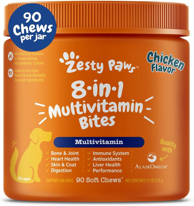 Zesty Paws Senior and Puppy Multivitamin for Dogs, 90ct, Chicken, Omega 3 Fish Oil, Hip, Joint, Skin, Coat Support