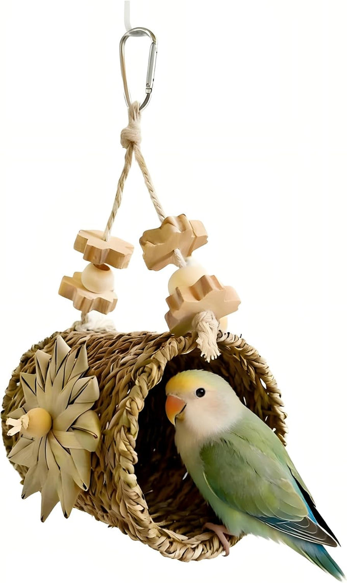 parrot woven grass nest swing set with tunnel, wooden chew toys, bird cage hanging play accessories for parakeet cockatiel