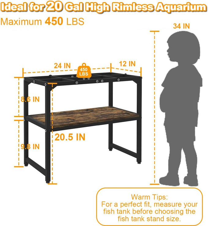 mondazie 20 gallon high rimless fish tank stand with shelf black 24" l x 12" w x 20.5" h