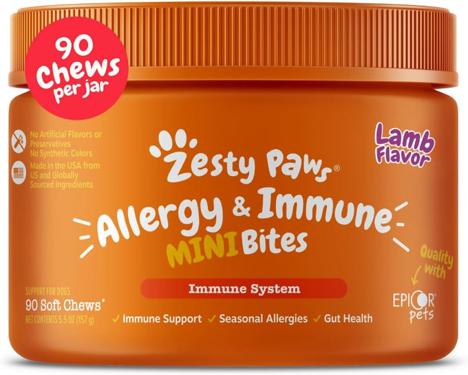 Zesty Paws Lamb Allergy Immune Bites, Dog Probiotics Chews for Itchy Skin and Ears, 90 Count