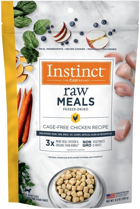 Instinct raw freeze-dried chicken cat food 9.5 oz bag, made in usa with 93% meat and non-gmo fruits