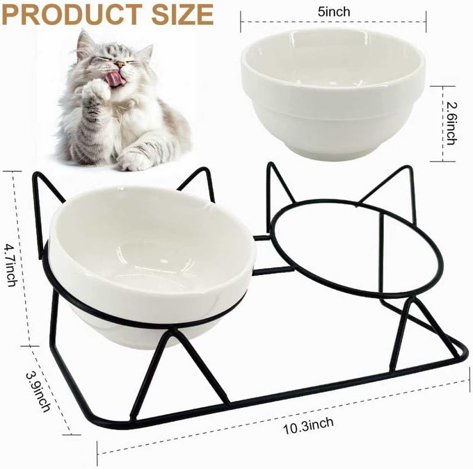  Raised Ceramic Cat Bowl Set with 15° Tilt, Double Ceramic Bowls, Easy Clean for Indoor Cats
