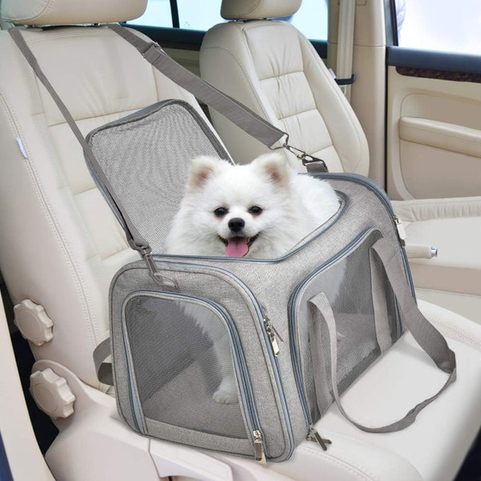 Henkelion grey cat carrier for small to medium pets up to 15lbs, TSA airline approved, soft sided, collapsible, waterproof