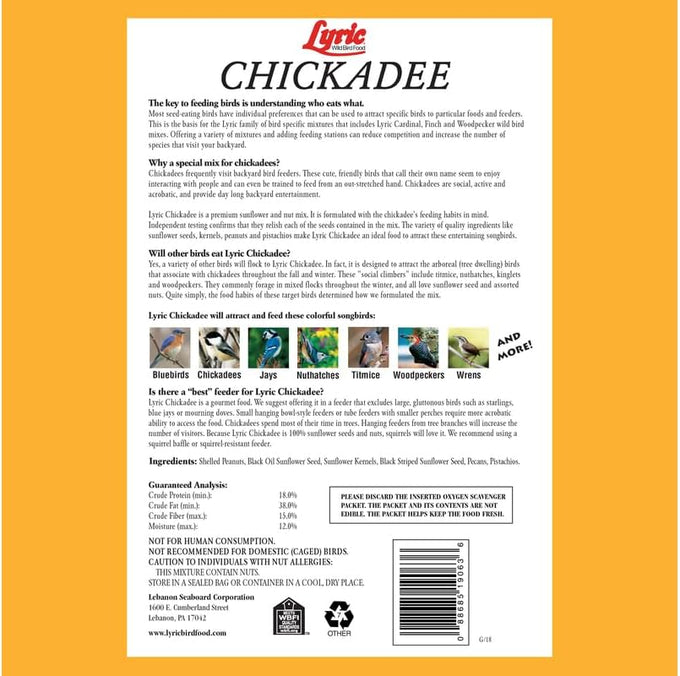 Lyric Chickadee Wild Bird Seed - 20 lb Bag - Sunflower & Nut Premium Wild Bird Seed for Chickadees and Outside Feeders