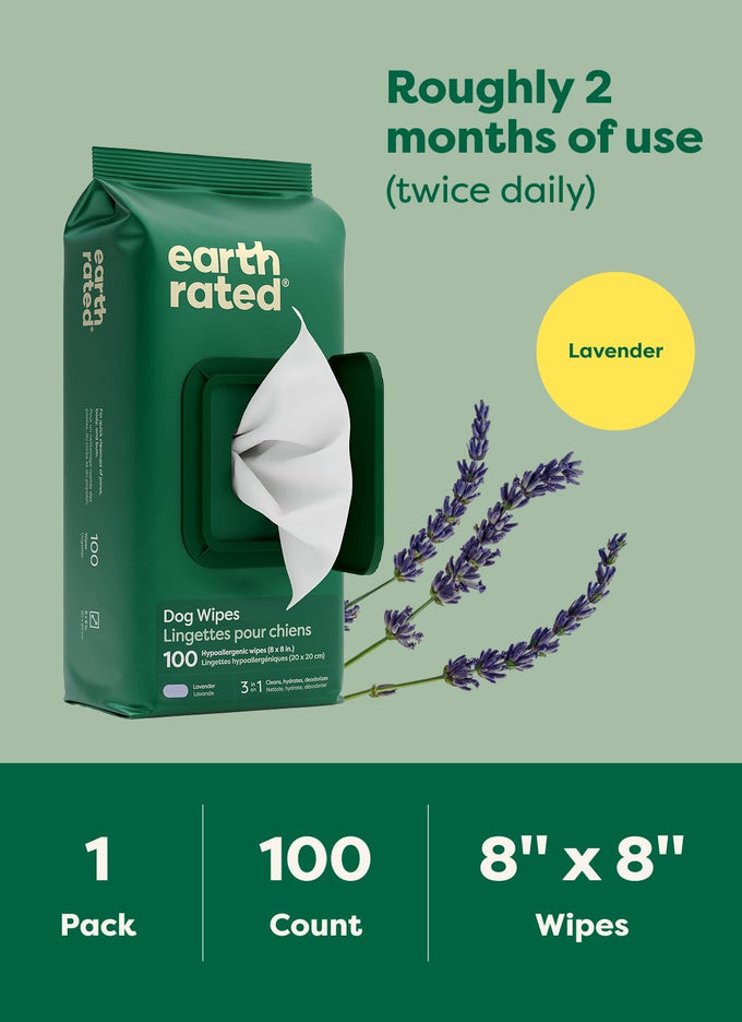 Earth Rated 3-in-1 Hypoallergenic Dog Wipes, Lavender Scented, 100 Count, 8" x 8", Biobased