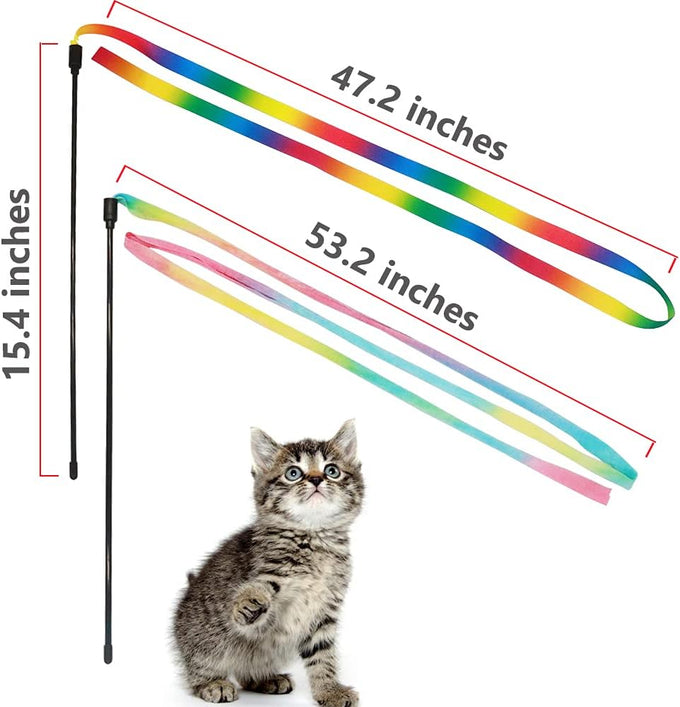 Lasocuhoo 2-pack Interactive Cat Teaser Wand String Ribbon Rainbow Charmer for Cats and Kittens
