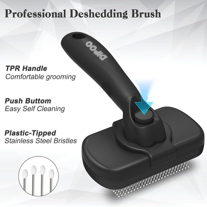 Dipoo self-cleaning shedding brush for dogs, cats, and puppies, skin-friendly grooming tool for long and short haired pets, black