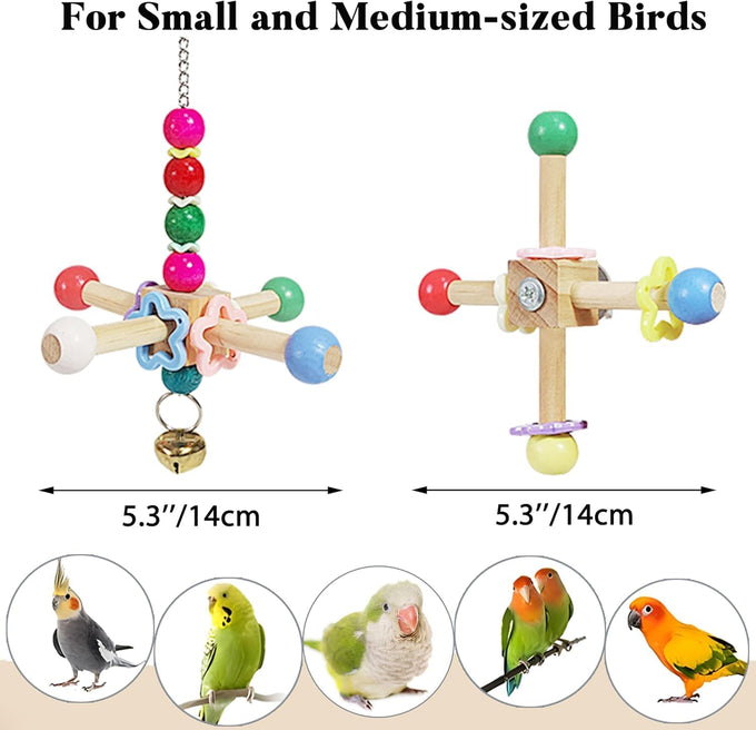 2pcs natural wood parrot toys with bells for small and medium birds, parakeet, cockatiel, conure, lovebird, budgie, quaker