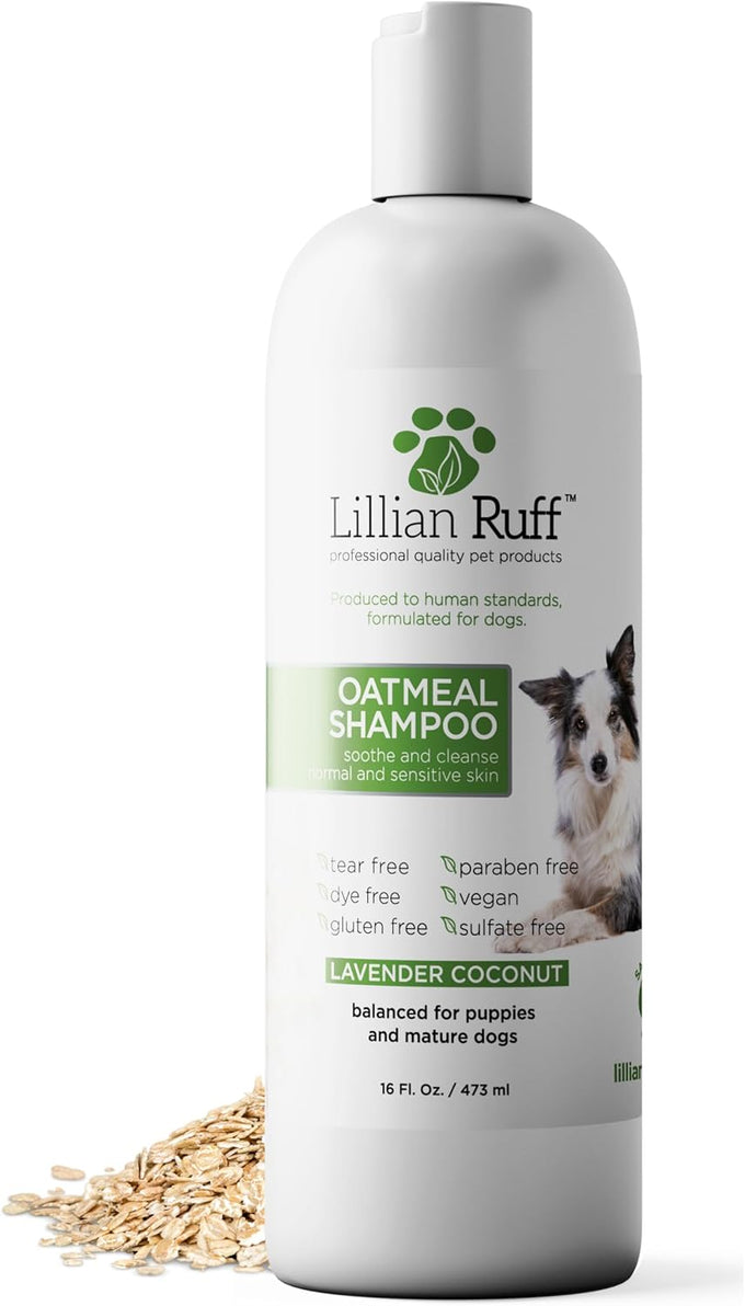 Lillian Ruff Pro oatmeal dog shampoo for dry skin, itching & allergies, 16oz with brush, made in USA, non-toxic, natural ingredients