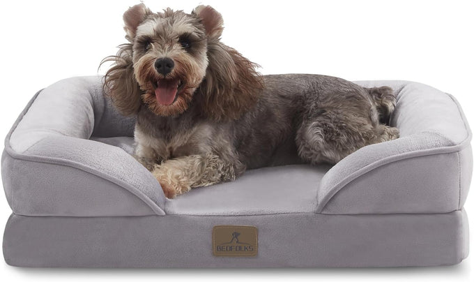 Bedfolks Orthopedic Dog Sofa Bed for Small Dogs, Waterproof Egg Foam Couch with Removable Washable Cover, Light Grey, 24"x18"x6"