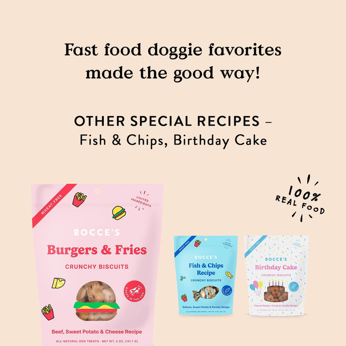 Bocce's Bakery - Limited Edition Wheat-Free Dog Treats, Burgers & Fries Biscuits, 5 oz, Wheat-Free, Made in USA
