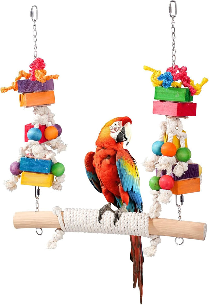 21.6" Giant Refillable Parrot Toy Swing for Macaws, Cockatoos, 4lb Heavy Duty Bird Toys, Large Natural Wooden Block Chew & Shredding Toy