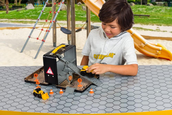 cat construction toys store n go playset tin travel case transforms into multi-level worksite, includes 2 little machines vehicles & 10+ accessories, portable stem toy for kids ages 3+