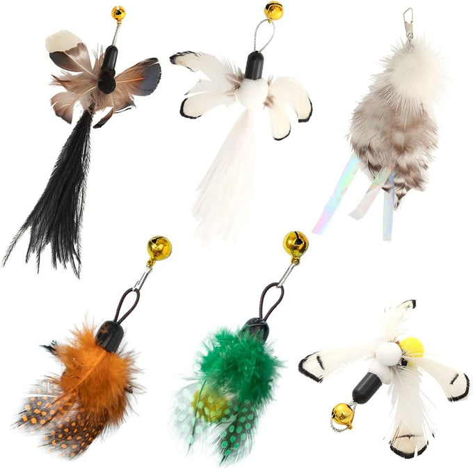 cat insect feather toys 6 pieces natural replacement refills interactive teaser attachments with bell