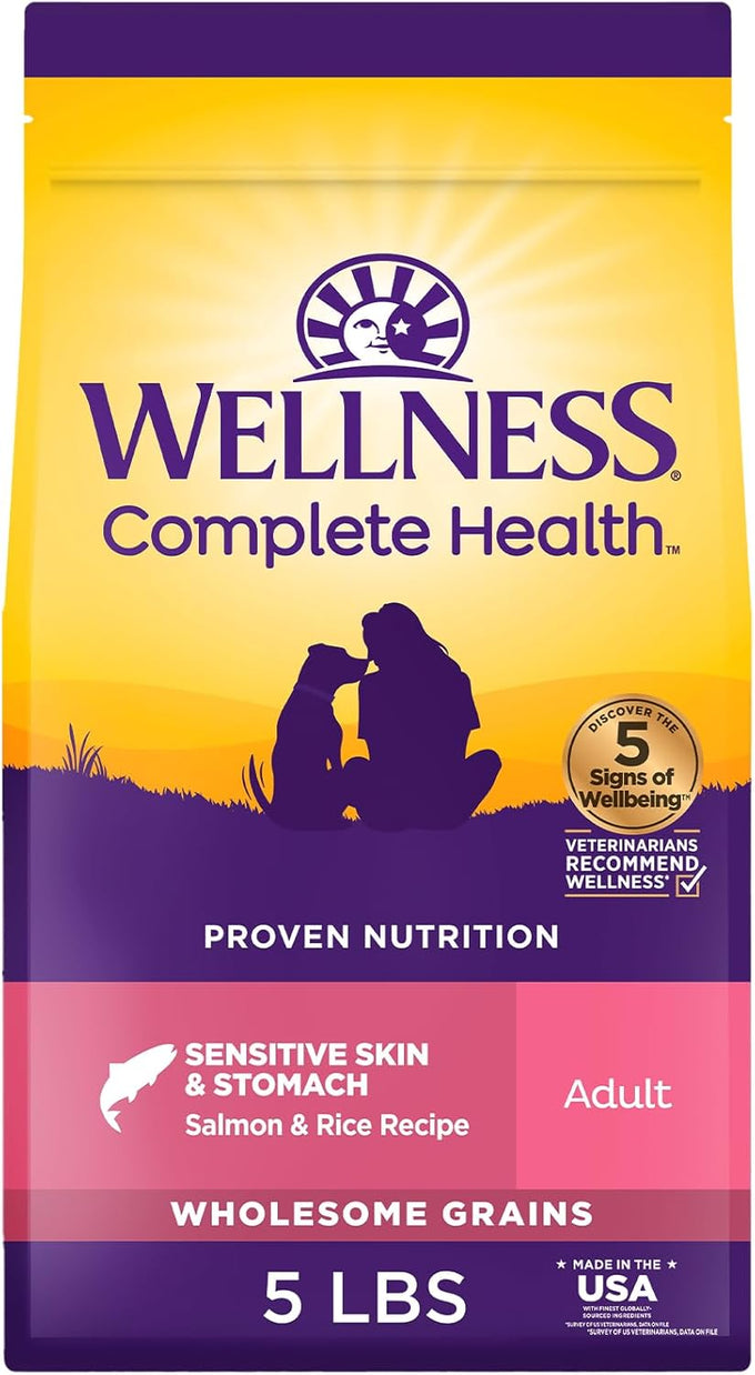 Wellness Wholesome Grain Sensitive Skin and Stomach Dry Dog Food, Salmon and Rice Recipe, 5 lb Bag, Chicken Free
