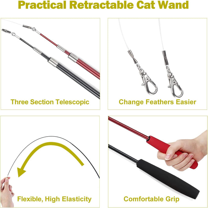 MeoHui Cat Wand Toy for Indoor Cats, Retractable 38.9 inches long, 2PCS Refill Feathers and Wands with Clasp