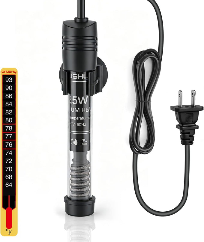 Orlushy Submersible Heater for Saltwater, Freshwater Aquariums with Thermometer, Adjustable and Durable