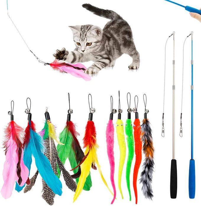 Jiaron 2PCS Retractable Cat Wand with 10PCS Bell Refill Teasers for Kitten Exercise