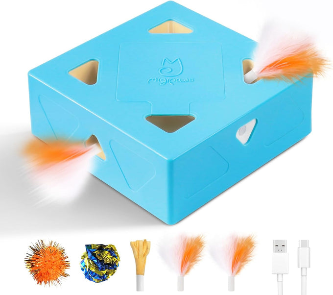 Migipaws Automatic MigiBox Plus Cat Toys 3-in-1 Interactive Pounce Mystery Under 12 Holes Rechargeable White Kitten Toy