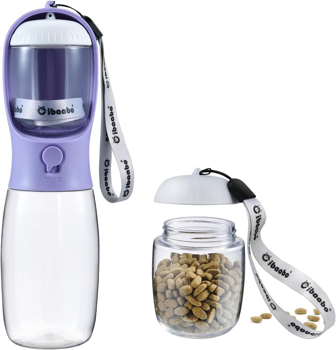 cibaabo dog water bottle with food container, 10oz and 19oz capacities, leak proof lock and carbon filter