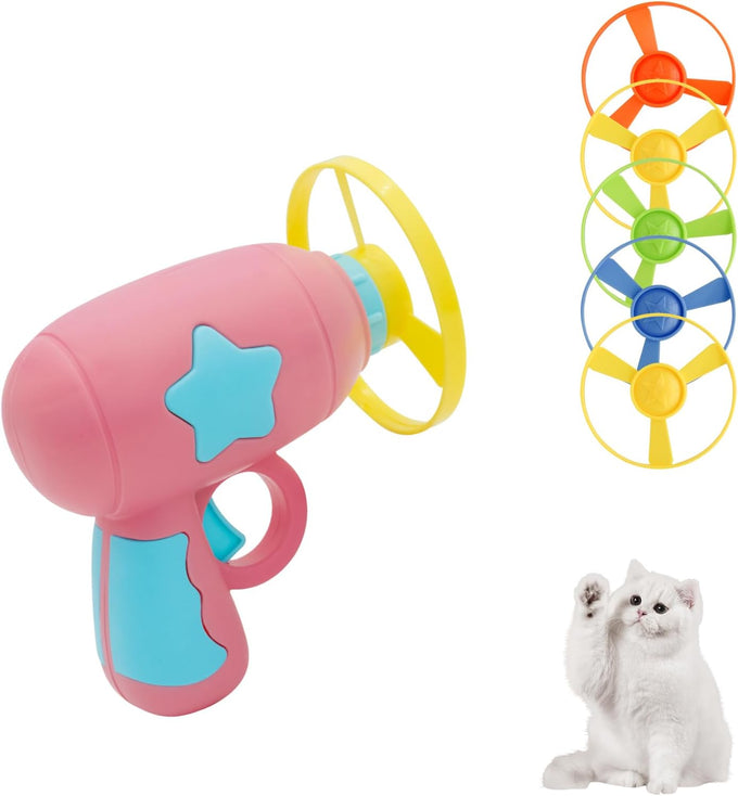 Andiker Cat Fetch Toy, blue, interactive kitten flying disc launcher with 5 colorful propellers for training and chasing